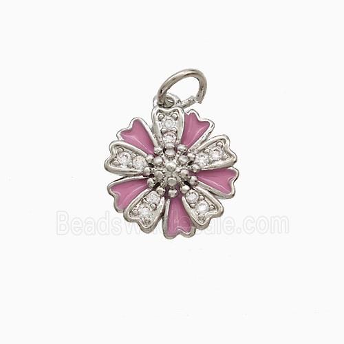 Copper Flower Pendant Pave Zirconia Pink Enamel Platinum Plated