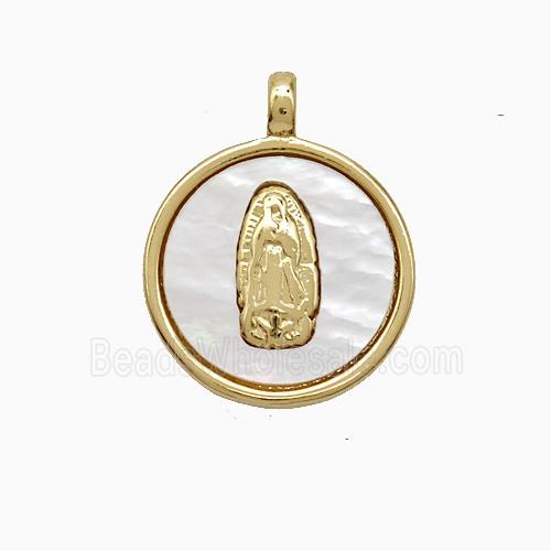 Copper Virgin Mary Pendant Pave Shell Circle Gold Plated