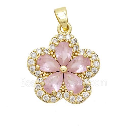 Copper Flower Pendant Pvae Zirconia Pink Crystal Glass Gold Plated