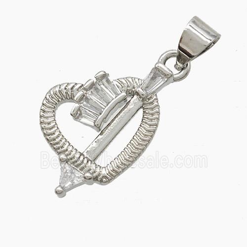 Copper Cupid Arrow Heart Pendant Pave Zirconia Platinum Plated