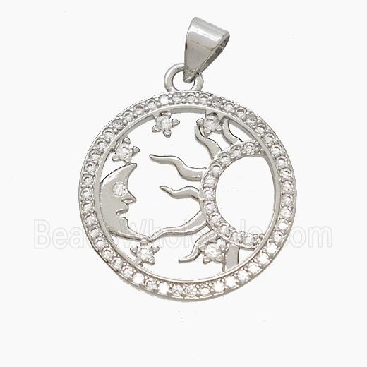 Copper Sun Moon Pendant Pave Zirconia Platinum Plated
