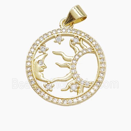 Copper Sun Moon Pendant Pave Zirconia Gold Plated