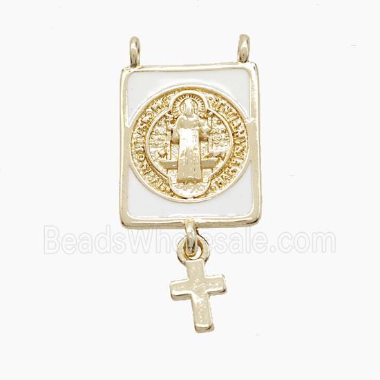 Copper Saint Jude Pendant White Enamel Cross 2loops Gold Plated