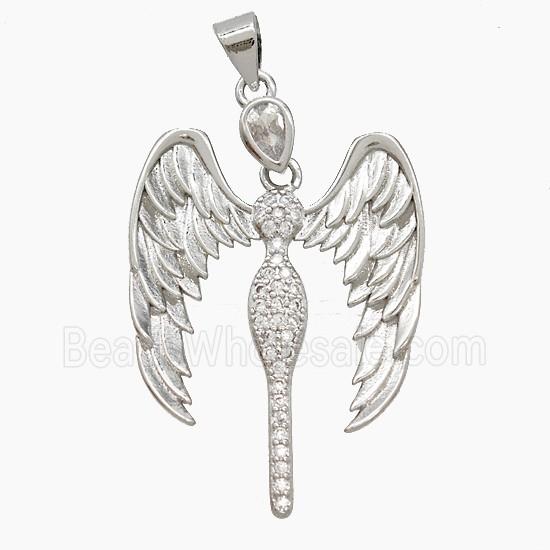 Copper Fairy Pendant Pave Zirconia Angel Wings Platinum Plated