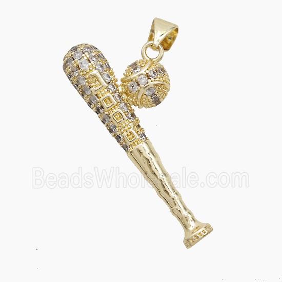 Baseball And Bat Copper Pendant Pave Zirconia Sports Gold Plated