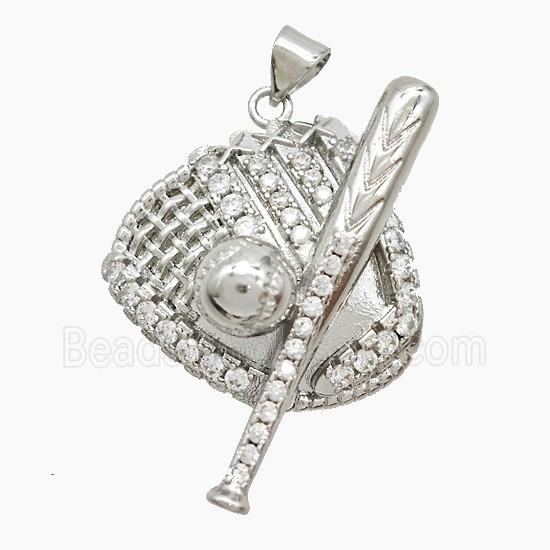 Baseball Bat Gloves Charms Copper Pendant Pave Zirconia Platinum Plated
