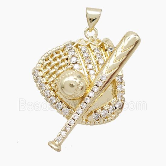 Baseball Bat Gloves Charms Copper Pendant Pave Zirconia Gold Plated