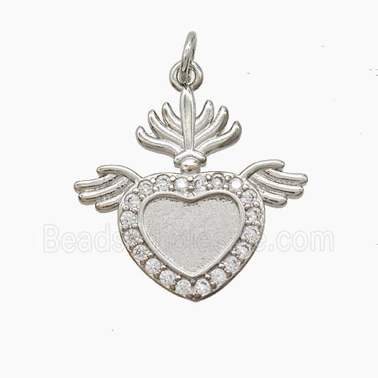 Copper Heart Angel Wings Pave Zirconia Platinum Plated