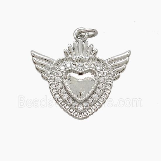 Copper Heart Angel Wings Pave Zirconia Platinum Plated