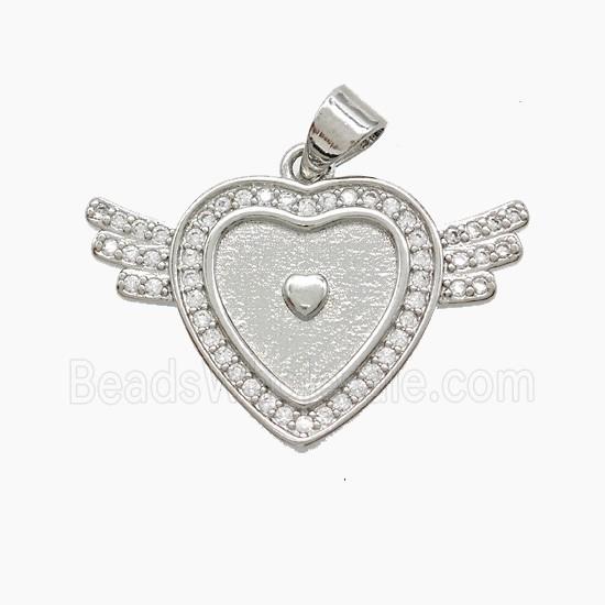Copper Heart Angel Wings Pave Zirconia Platinum Plated