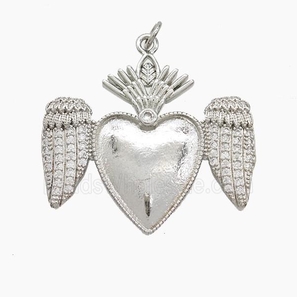 Copper Heart Angel Wings Pave Zirconia Platinum Plated