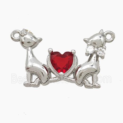 Copper Cats Pendant Pave Crystal Glass Heart 2loops Platinum Plated