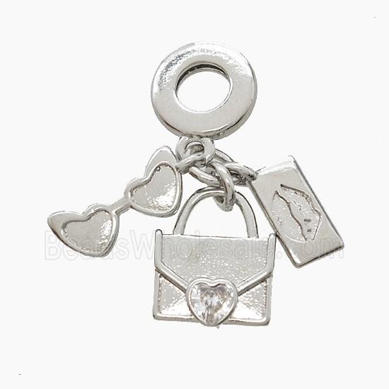 Copper Glasses And Handbag Lips Pendant Pave Zirconia Platinum Plated