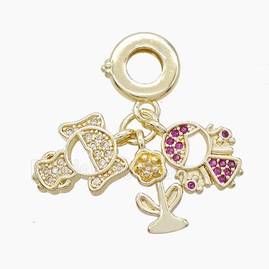 Copper Kids And Flower Pendant Pave Zirconia Gold Plated