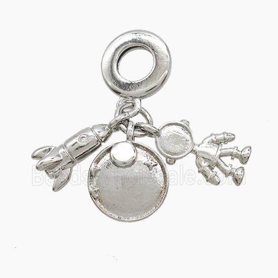 Copper Rocket And Astronaut Planet Pendant Pave Zirconia Platinum Plated