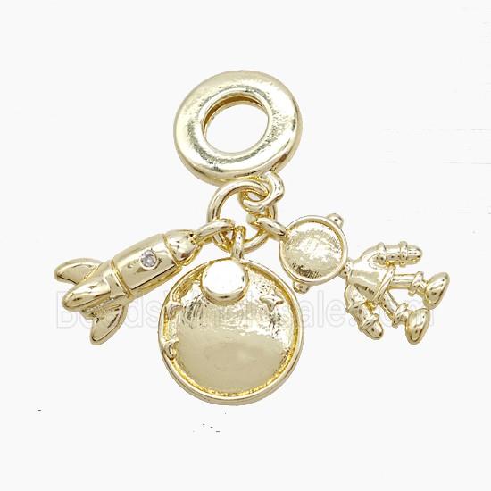 Copper Rocket And Astronaut Planet Pendant Pave Zirconia Gold Plated