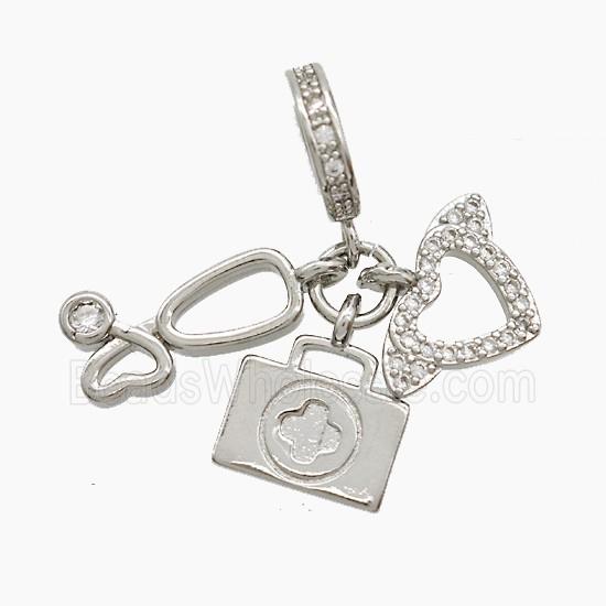 Copper Stethoscope And Heart Aidkit Pendant Pave Zirconia Platinum Plated