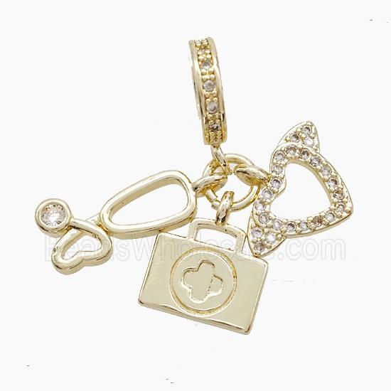 Copper Stethoscope And Heart Aidkit Pendant Pave Zirconia Gold Plated