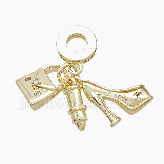 Copper High-heels And Handbag Lipstick Pendant Pave Zirconia Gold Plated
