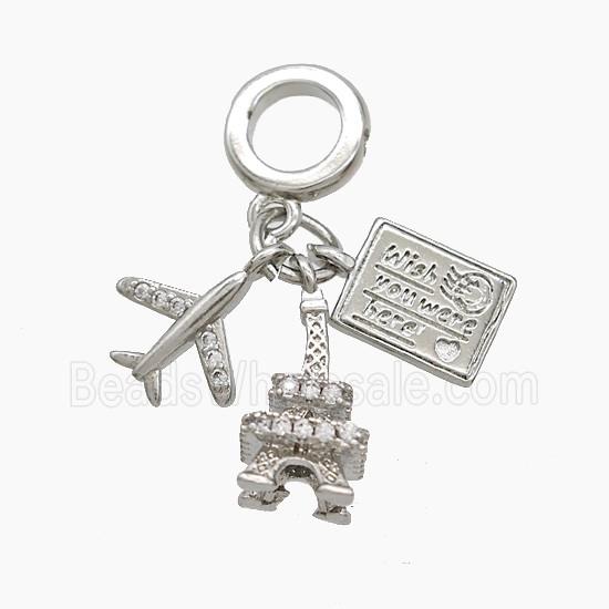 Eiffel Tower And Airplane Postcard Charms Copper Pendant Pave Zirconia Platinum Plated