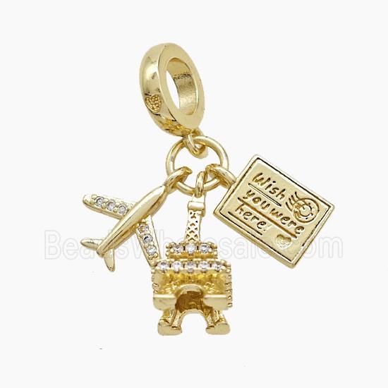 Eiffel Tower And Airplane Postcard Charms Copper Pendant Pave Zirconia Gold Plated