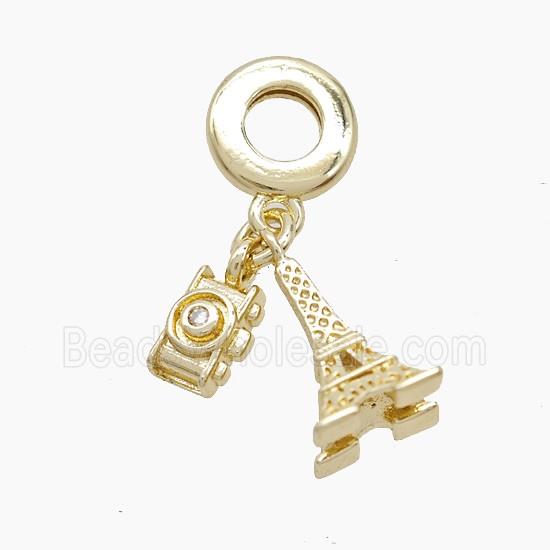 Copper Eiffel Tower And Camera Pendant Pave Zirconia Gold Plated