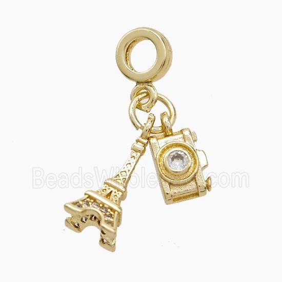 Copper Eiffel Tower And Camera Pendant Pave Zirconia Gold Plated