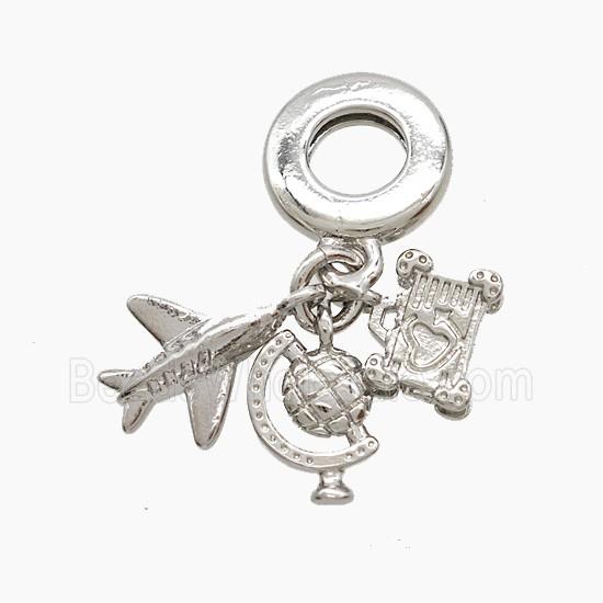 Copper Airplane And Blobe Suitcase Pendant Platinum Plated