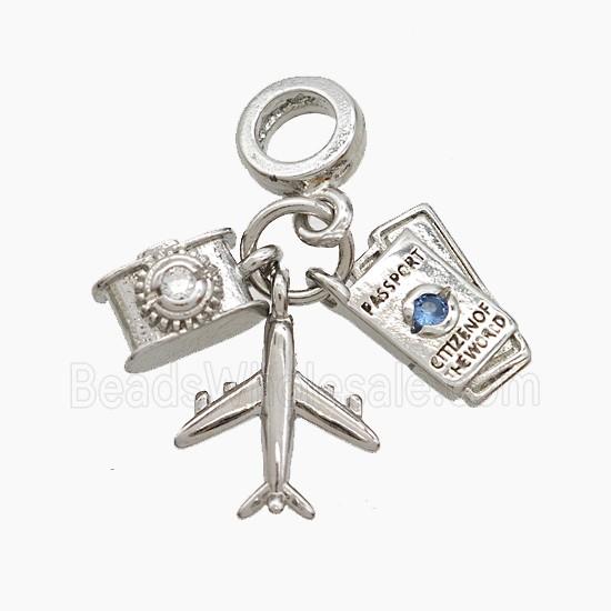 Copper Airplane And Passpord Camera Pendant Pave Zirconia Platinum Plated