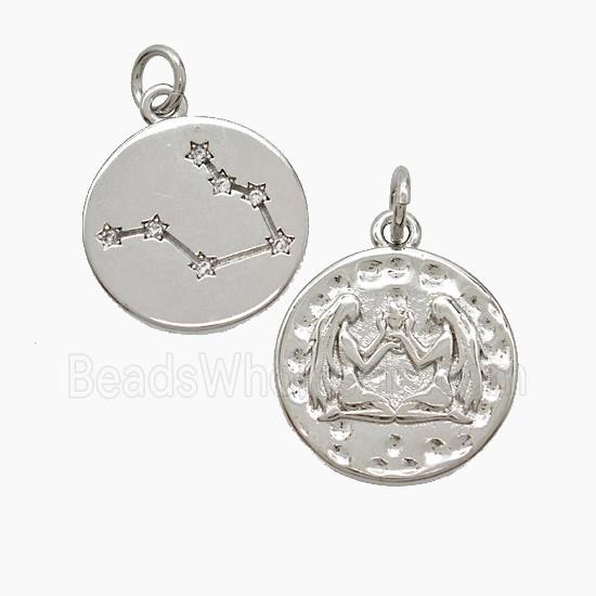 Zodiac Gemini Copper Pendant Pave Zirconia Hammered Platinum Plated