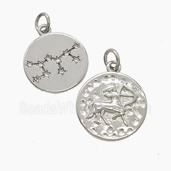 Zodiac Sagittarius Copper Pendant Pave Zirconia Hammered Platinum Plated