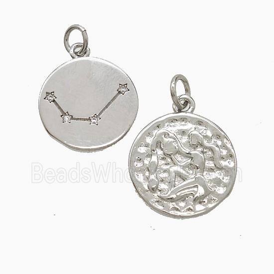 Zodiac Aquarius Copper Pendant Pave Zirconia Hammered Platinum Plated