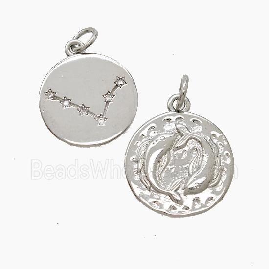 Zodiac Pisces Copper Pendant Pave Zirconia Hammered Platinum Plated