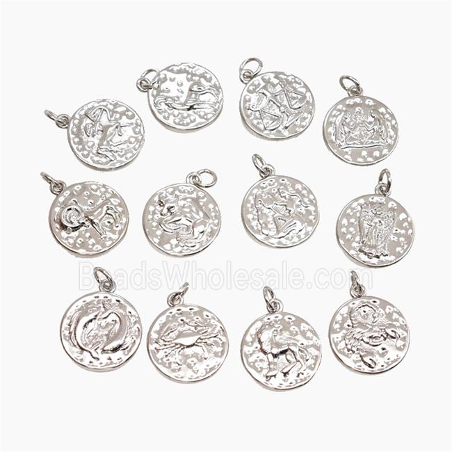 Copper Zodiac Pendant Pave Zirconia Hammered Platinum Plated Mixed