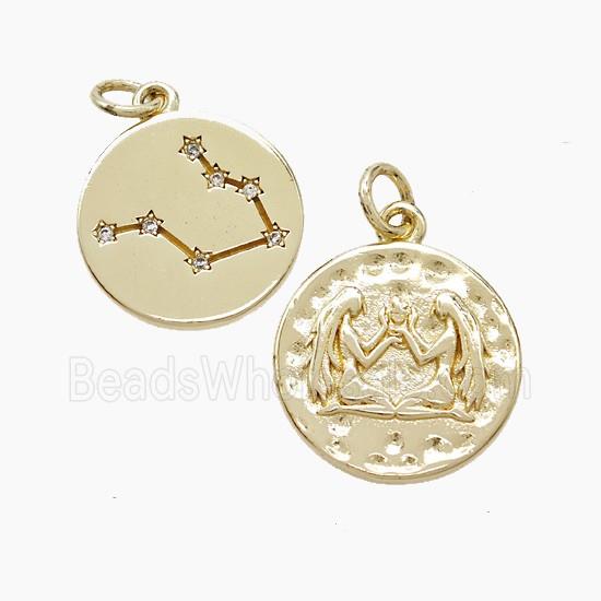 Zodiac Gemini Copper Pendant Pave Zirconia Hammered Gold Plated