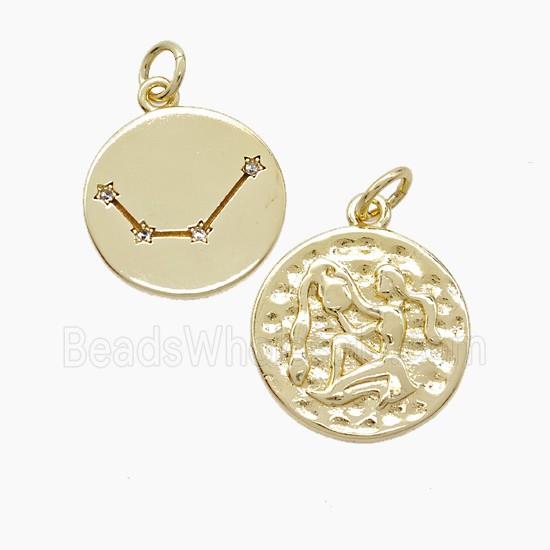 Zodiac Aquarius Copper Pendant Pave Zirconia Hammered Gold Plated