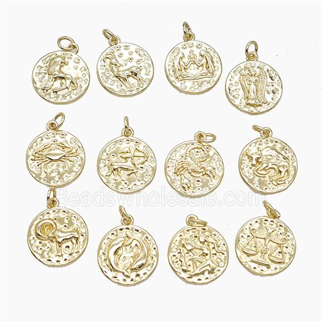 Copper Zodiac Pendant Pave Zirconia Hammered Gold Plated Mixed