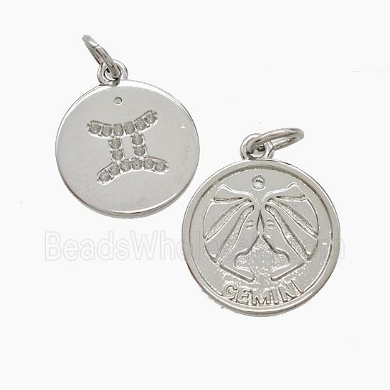 Zodiac Gemini Copper Pendant Pave Zirconia Platinum Plated