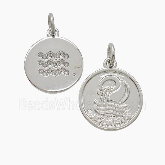 Zodiac Aquarius Copper Pendant Pave Zirconia Platinum Plated