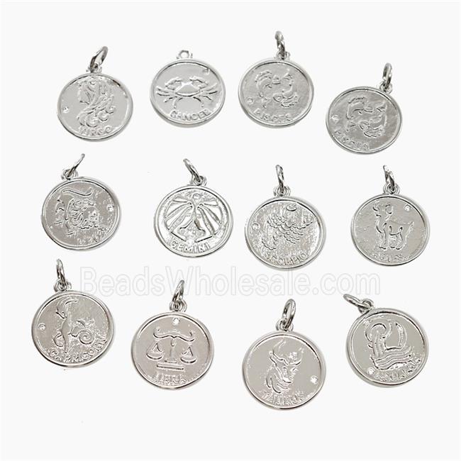 Copper Zodiac Pendant Pave Zirconia Platinum Plated Mixed