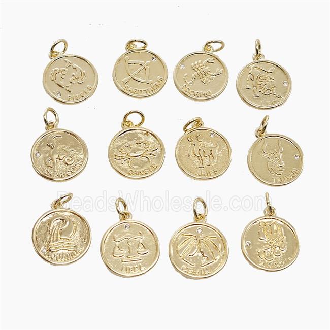 Copper Zodiac Pendant Pave Zirconia Gold Plated Mixed