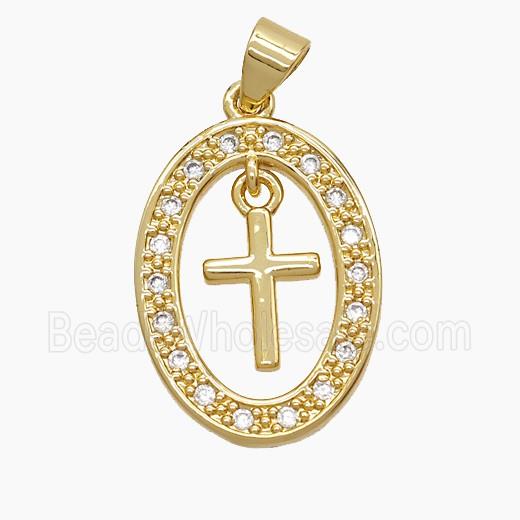 Copper Oval Pendant Pave Zirconia Cross 18K Gold Plated