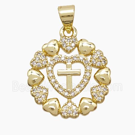 Copper Cross Heart Pendant Pave Zirconia 18K Gold Plated