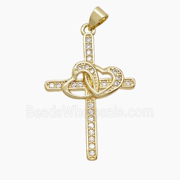 Copper Cross Pendant Pave Zirconia Heart 18K Gold Plated