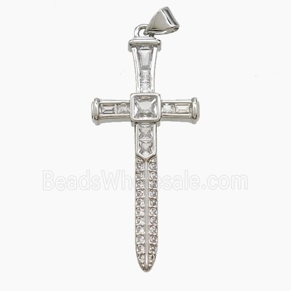 Copper Ankh Cross Pendant Pave Zirconia Sword Platinum Plated