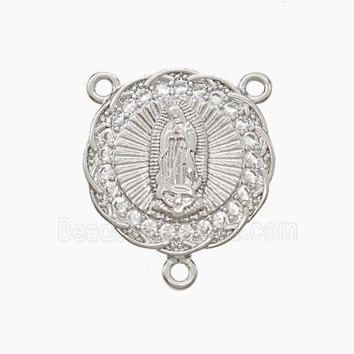 Copper Virgin Mary Pendant Pave Zirconia 3loops Platinum Plated