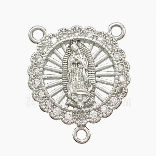 Copper Virgin Mary Pendant Pave Zirconia 3loops Platinum Plated