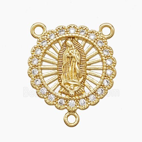Copper Virgin Mary Pendant Pave Zirconia 3loops 18K Gold Plated