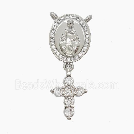 Copper Virgin Mary Pendant Pave Zirconia Cross 2loops Platinum Plated