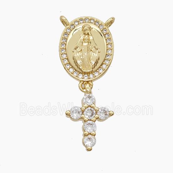 Copper Virgin Mary Pendant Pave Zirconia Cross 2loops 18K Gold Plated
